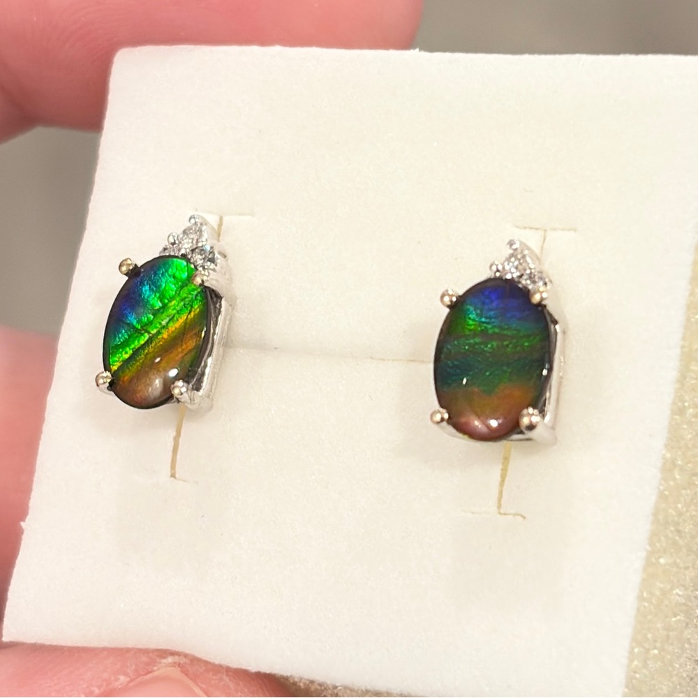 14K Ammolite Earrings Diamond Accent White Gold Rainbow AAA Oval Solitaire Studs - Picture 13 of 15